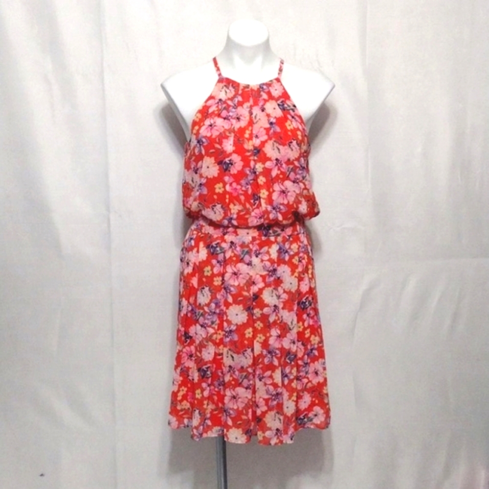 NEW Eliza J Orange Floral Chiffon Halter Dress Size 8 Pleated Summer Party Chic